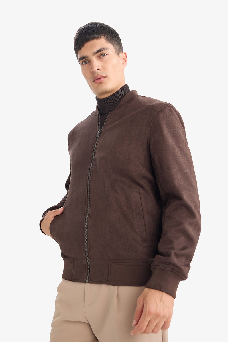 DeFacto Brown Man Slim Fit Lined Suede Lined Bomber Jacket Casual - Image 3
